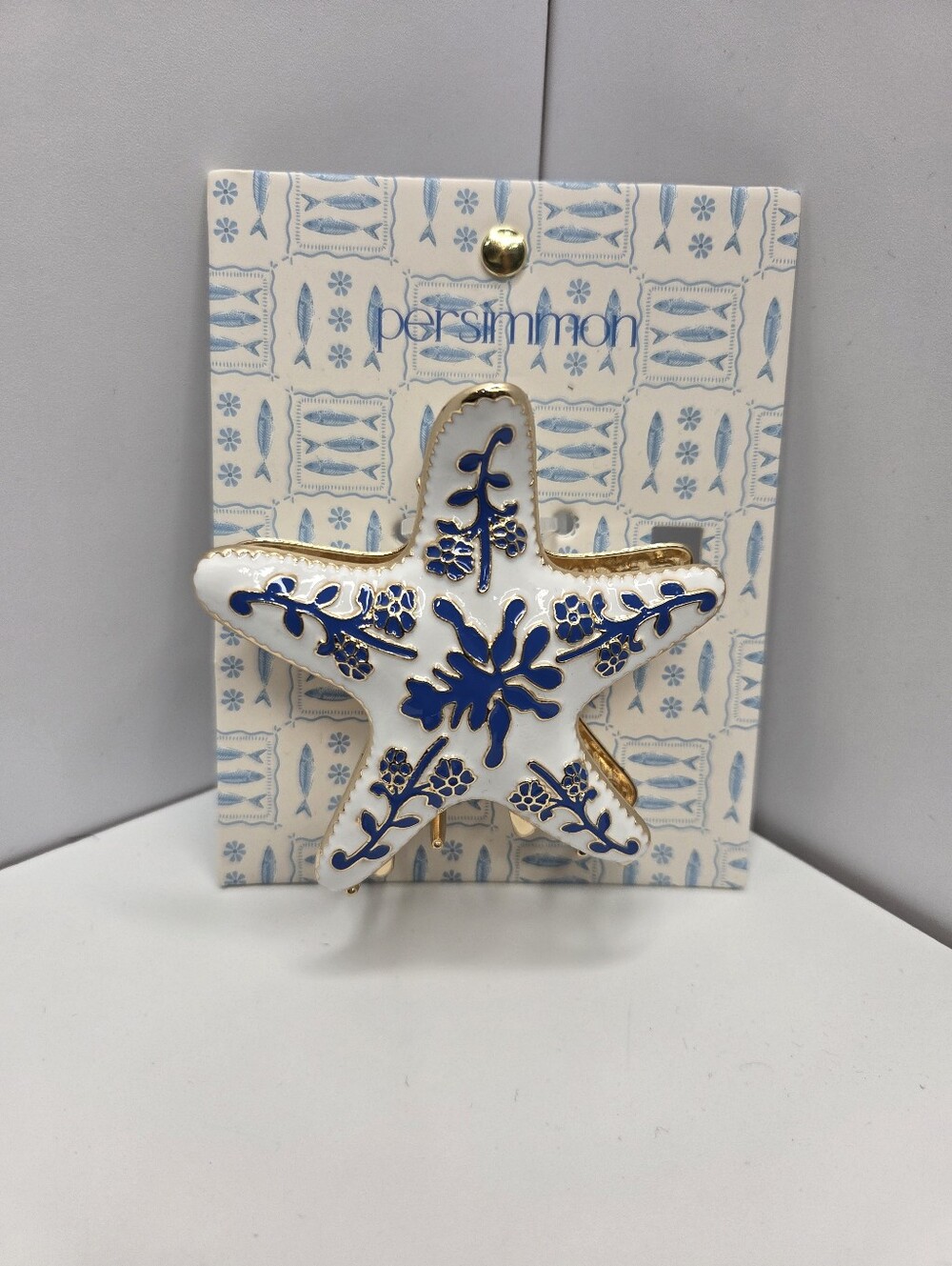 💙▪️Persimmon ▪️White & Blue Starfish Hair Metal Claw Clip with Gold Accents - Picture 3 of 8